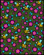 Playful Yellow Bee Pink Flower Garden Rug