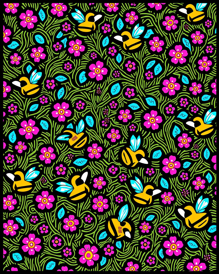 Playful Yellow Bee Pink Flower Garden Rug