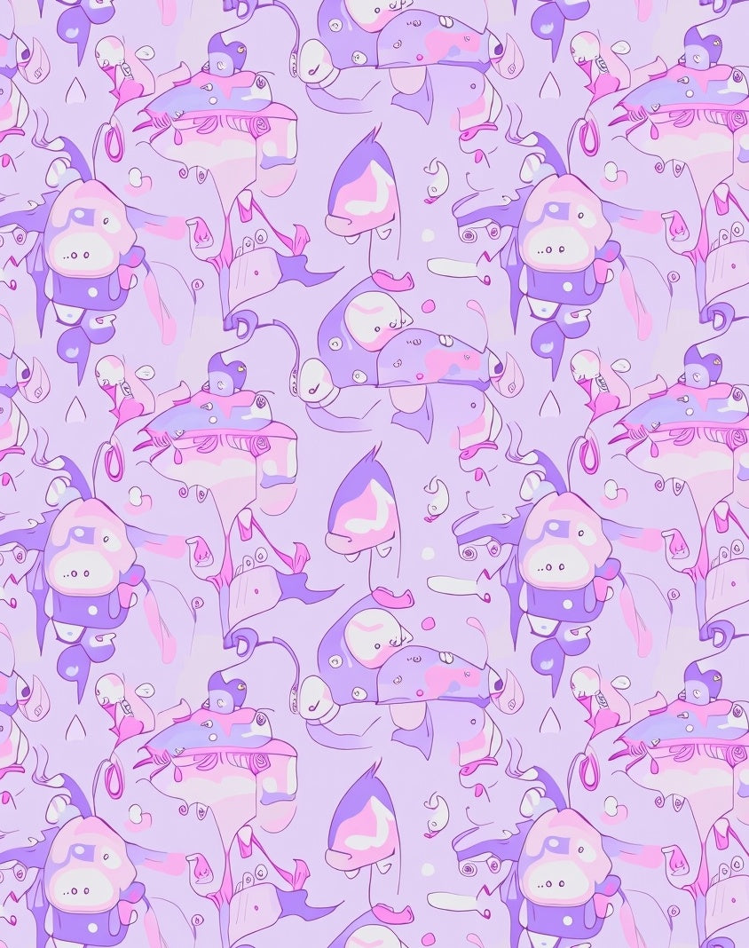 Whimsical Purple Cream Character Collage Rug