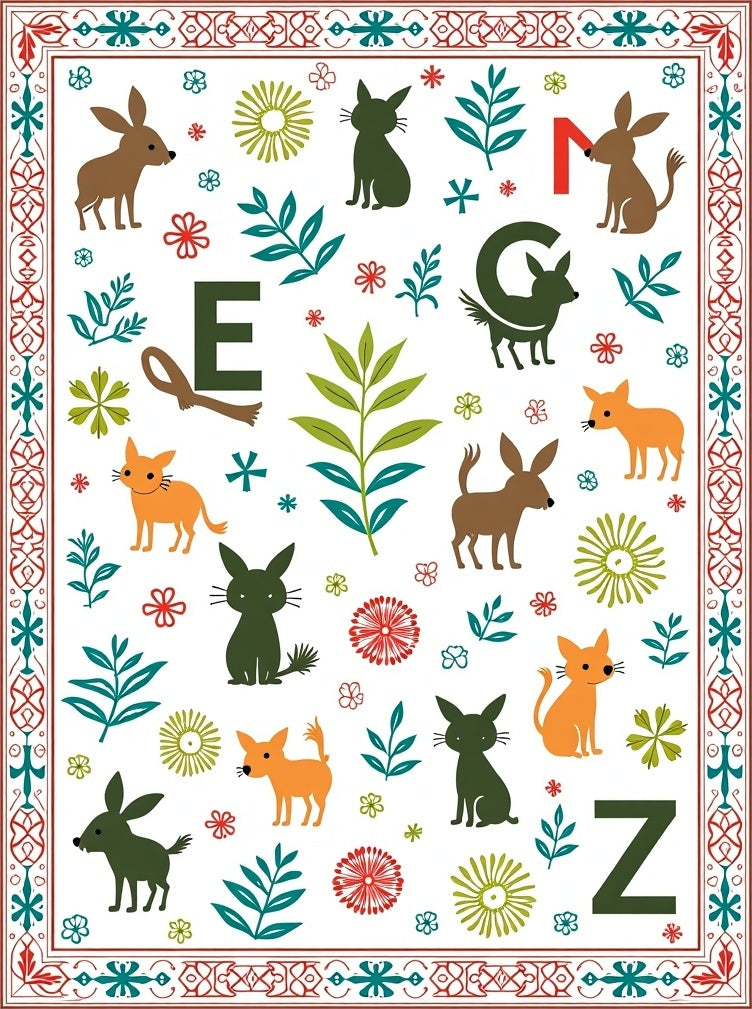 Whimsical Folk Art Animals and Botanicals Rug