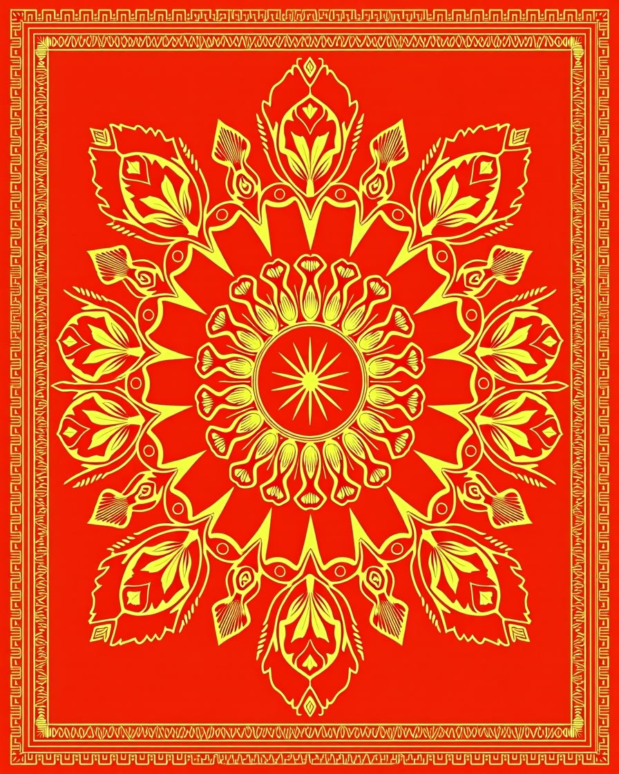 Crimson Golden Radial Blossom Border Rug