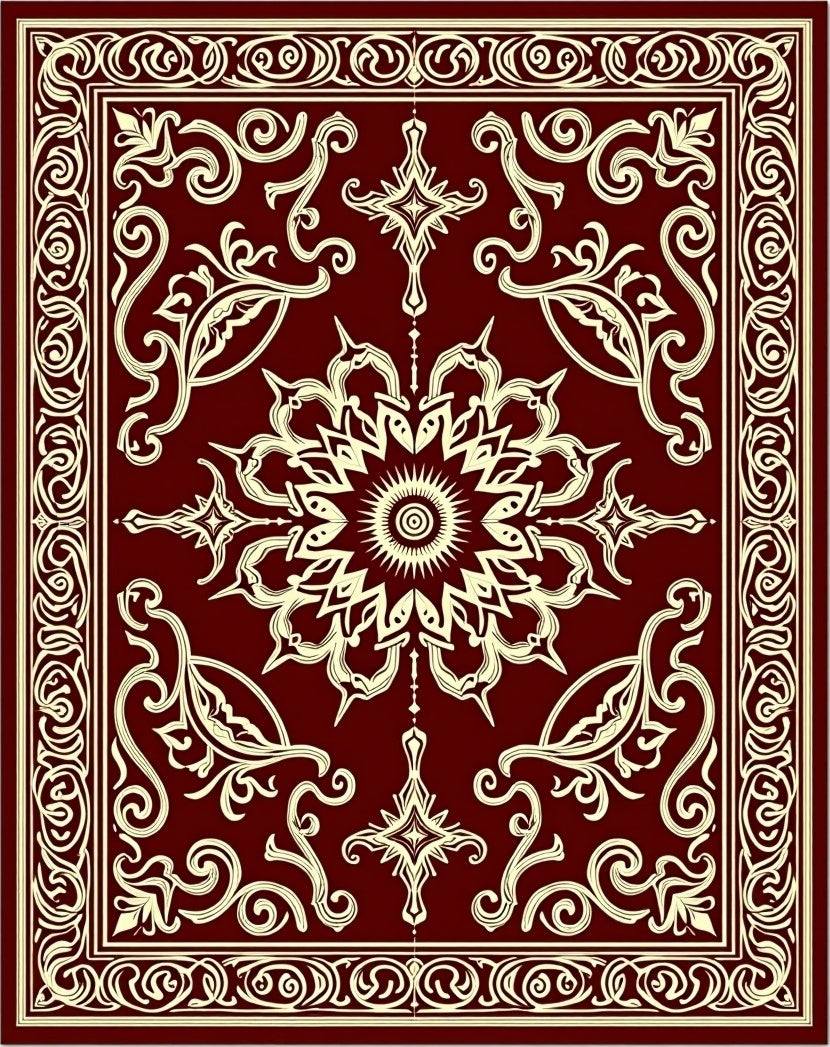 Crimson Cream Ornate Floral Mandala Rug