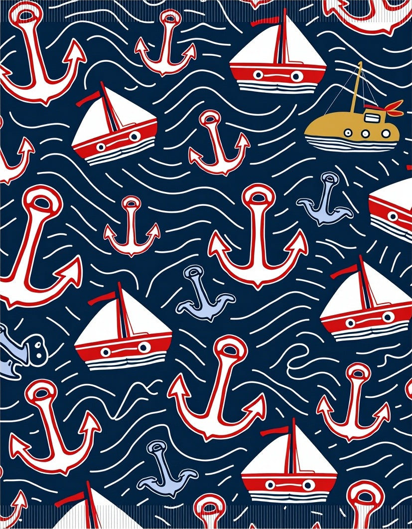 Navy Red White Nautical Sailboat Anchor Rug