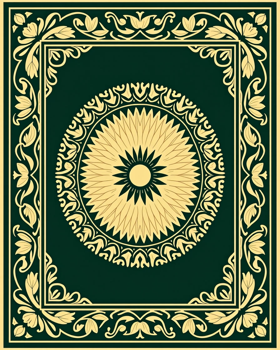 Green and Gold Floral Medallion Border Rug
