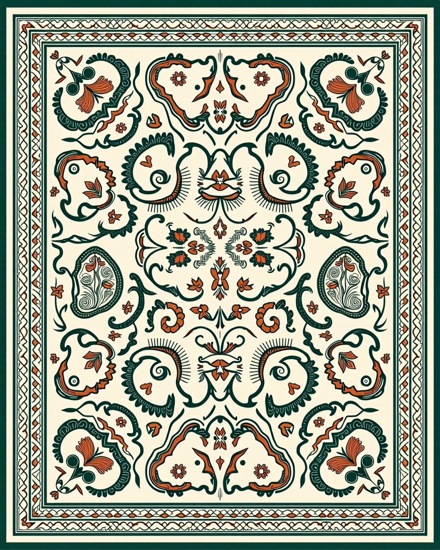 Cream Orange Dark Green Folk Art Rug