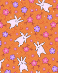 Whimsical Pink Bunnies Purple Flowers Orange Background Rug