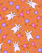 Whimsical Pink Bunnies Purple Flowers Orange Background Rug