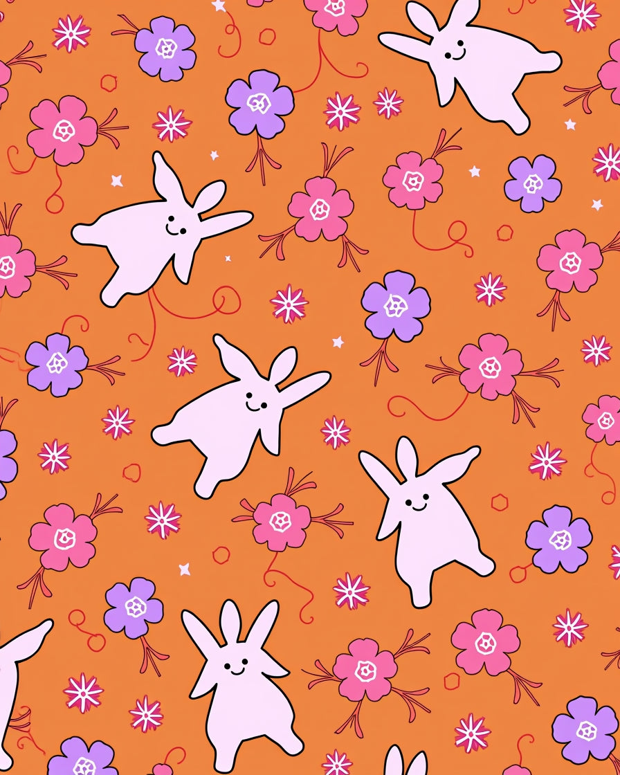Whimsical Pink Bunnies Purple Flowers Orange Background Rug