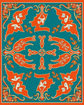 Teal Orange Floral Crested Birds Rug
