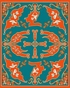 Teal Orange Floral Crested Birds Rug