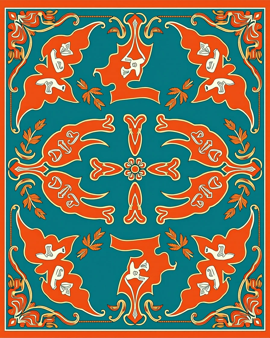 Teal Orange Floral Crested Birds Rug