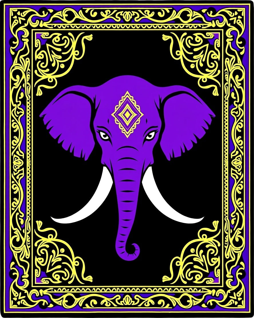 Purple Elephant Black Golden Floral Border Rug