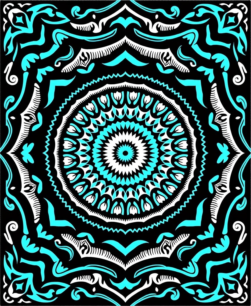 Turquoise White Black Mandala Bloom Rug