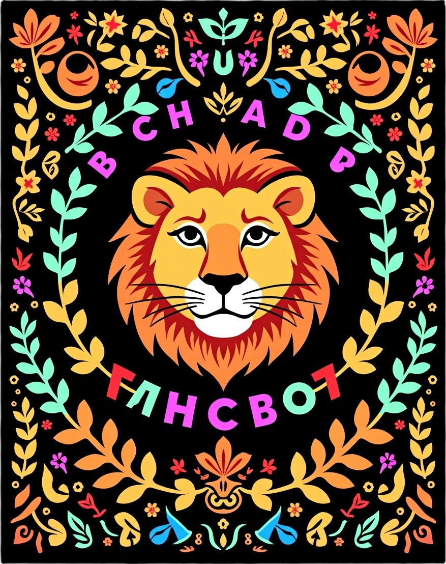 Bold Lion With Colorful Floral Border Rug