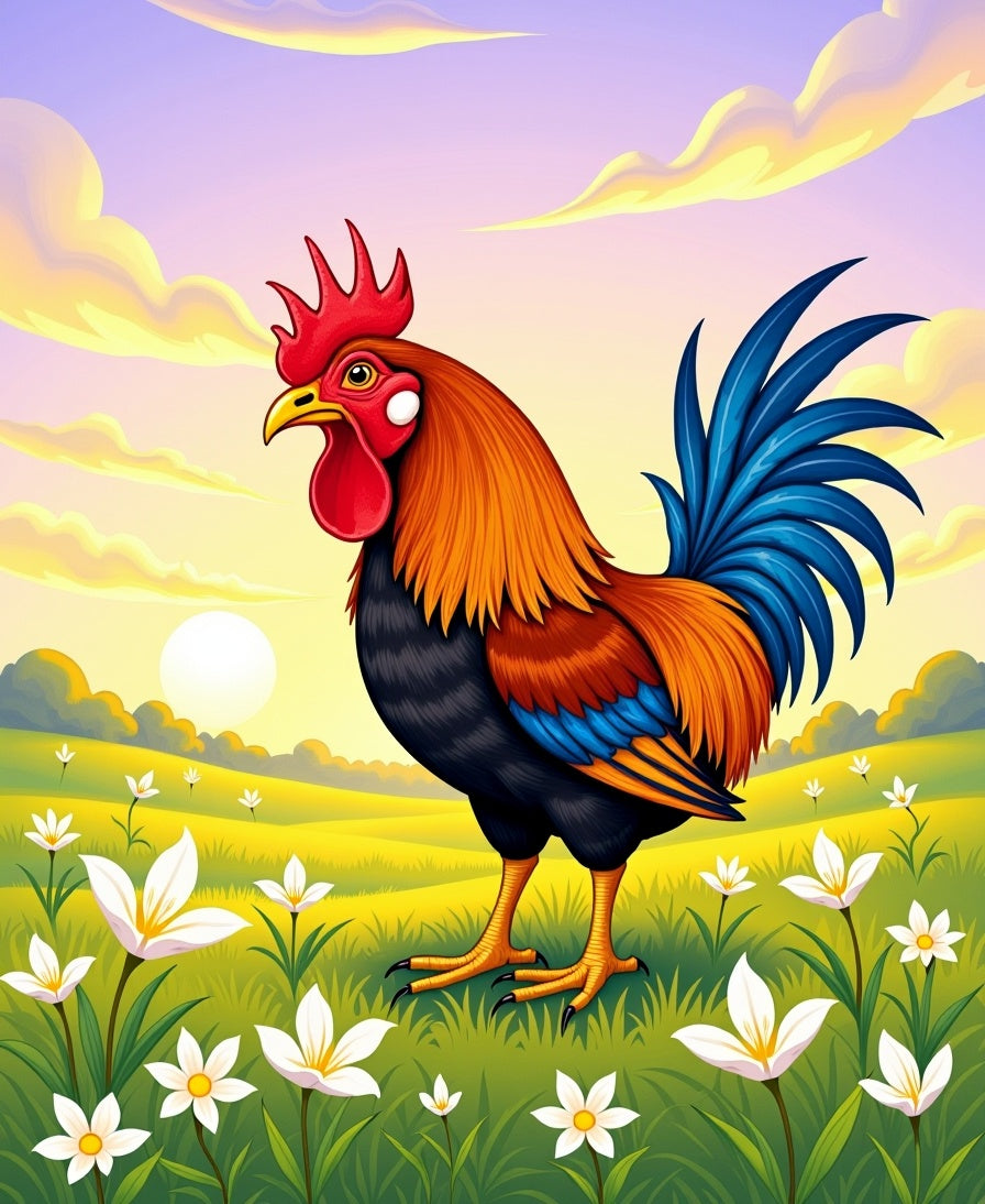 Vibrant Rooster Amidst Blooming Field Rug