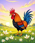 Vibrant Rooster Amidst Blooming Field Rug