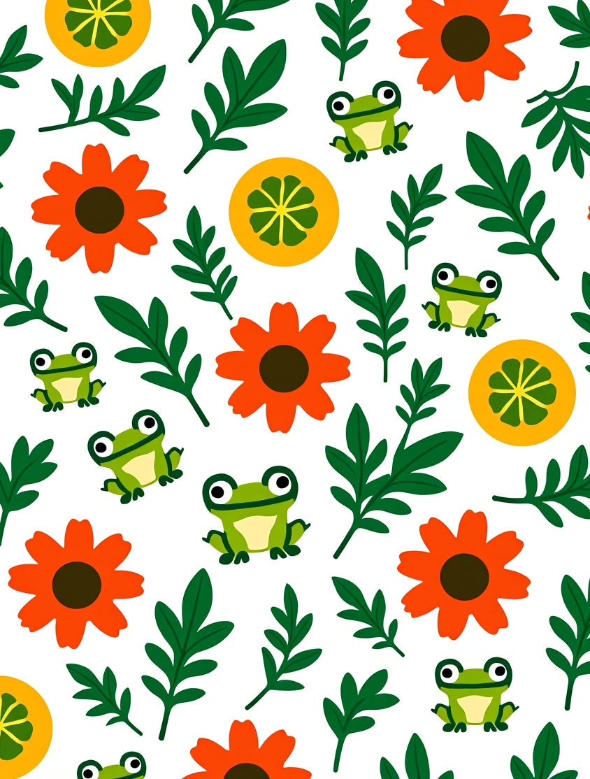 Cute Frogs Orange Flowers Green Leaves Rug