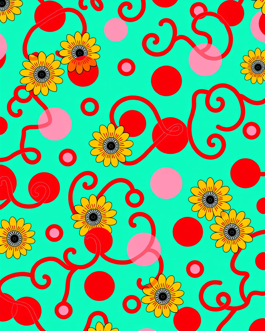 Yellow Sunflowers Red Swirls Aqua Circles Rug