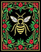 Golden Bee Floral Border Black Rug