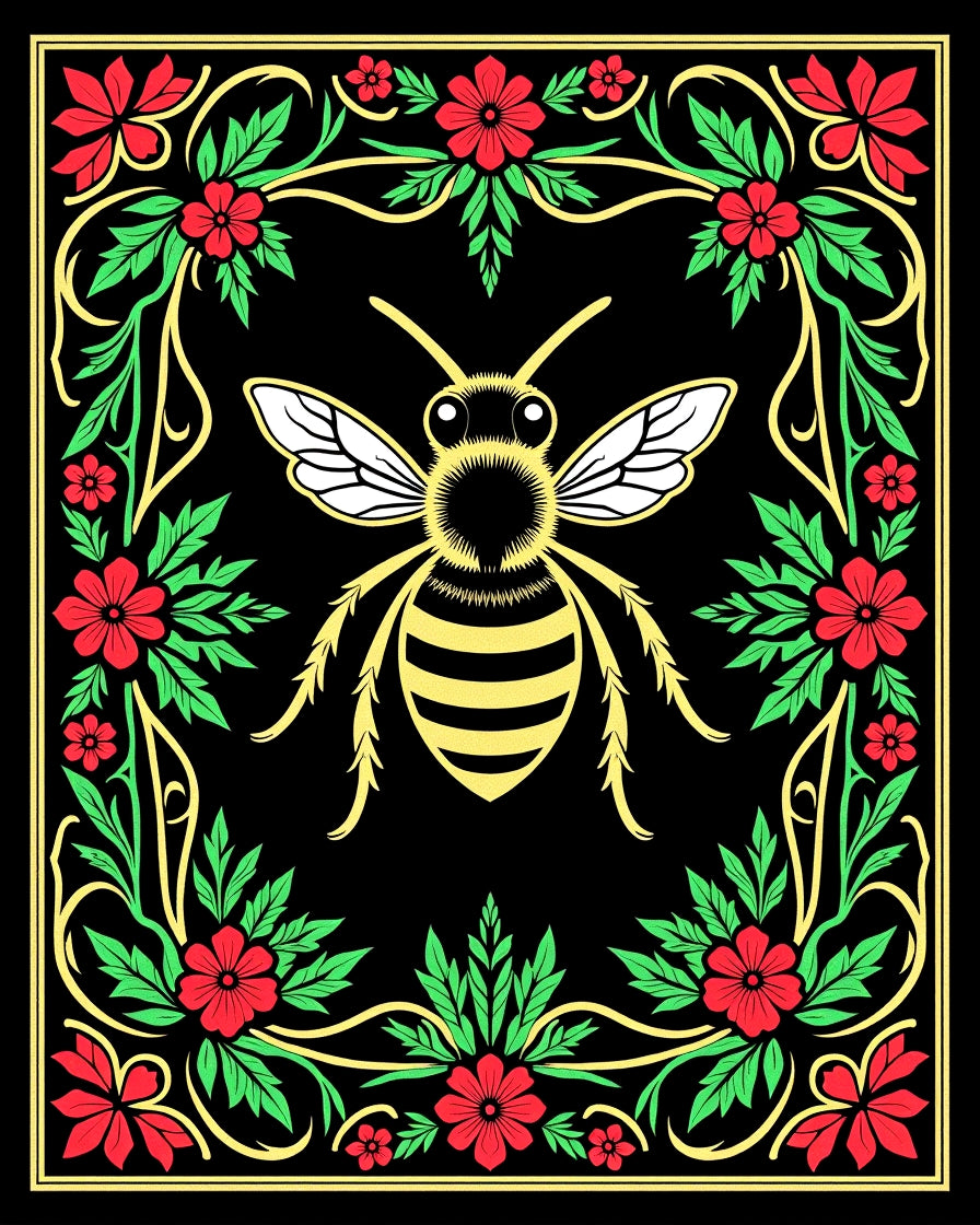Golden Bee Floral Border Black Rug