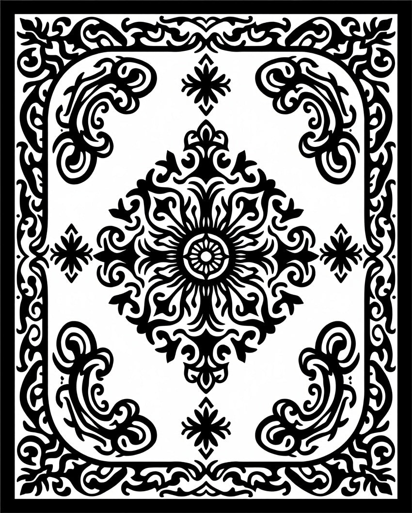 Black White Traditional Medallion Scroll Rug