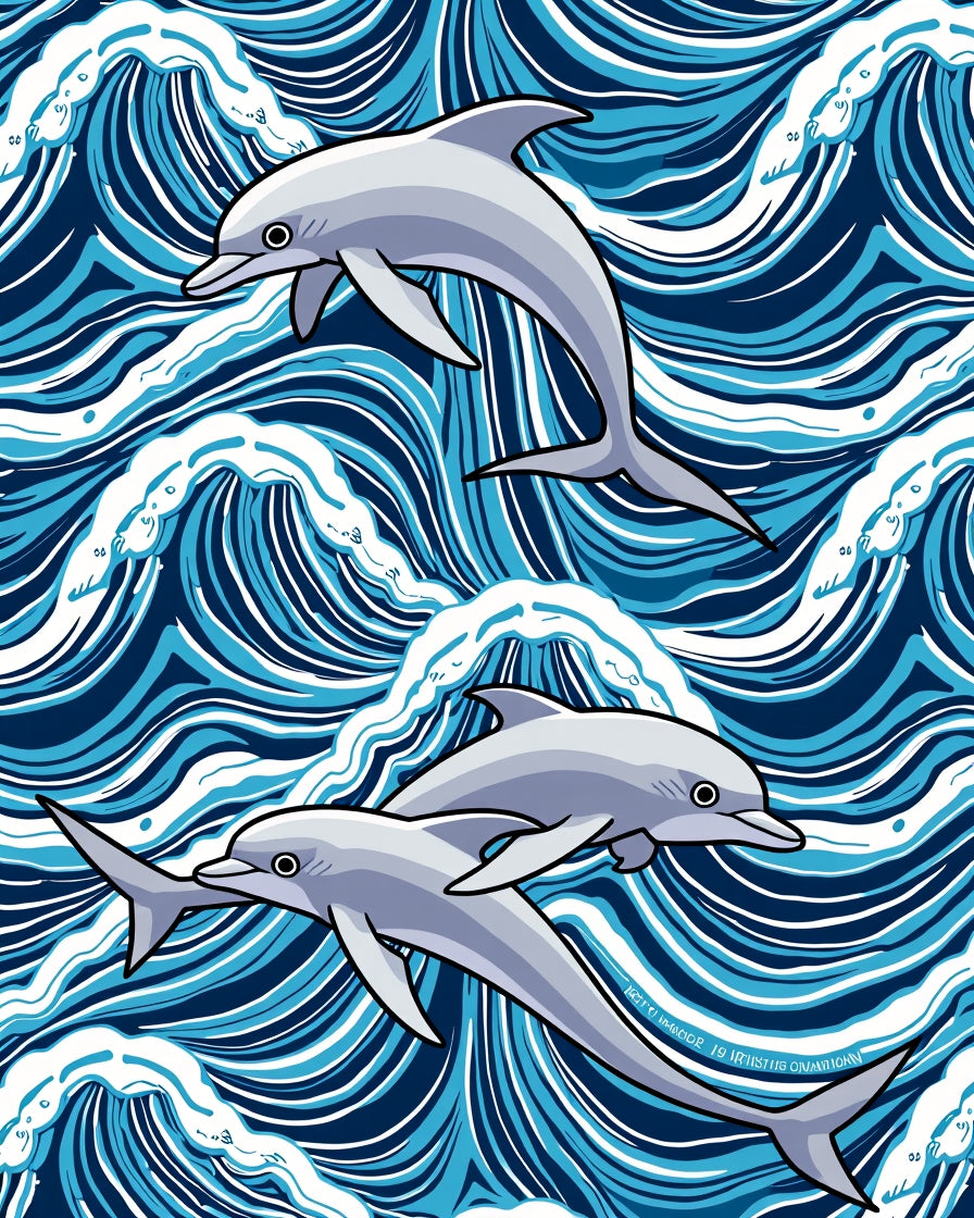 Blue Wave Dolphins Playful Ocean Swirls Rug