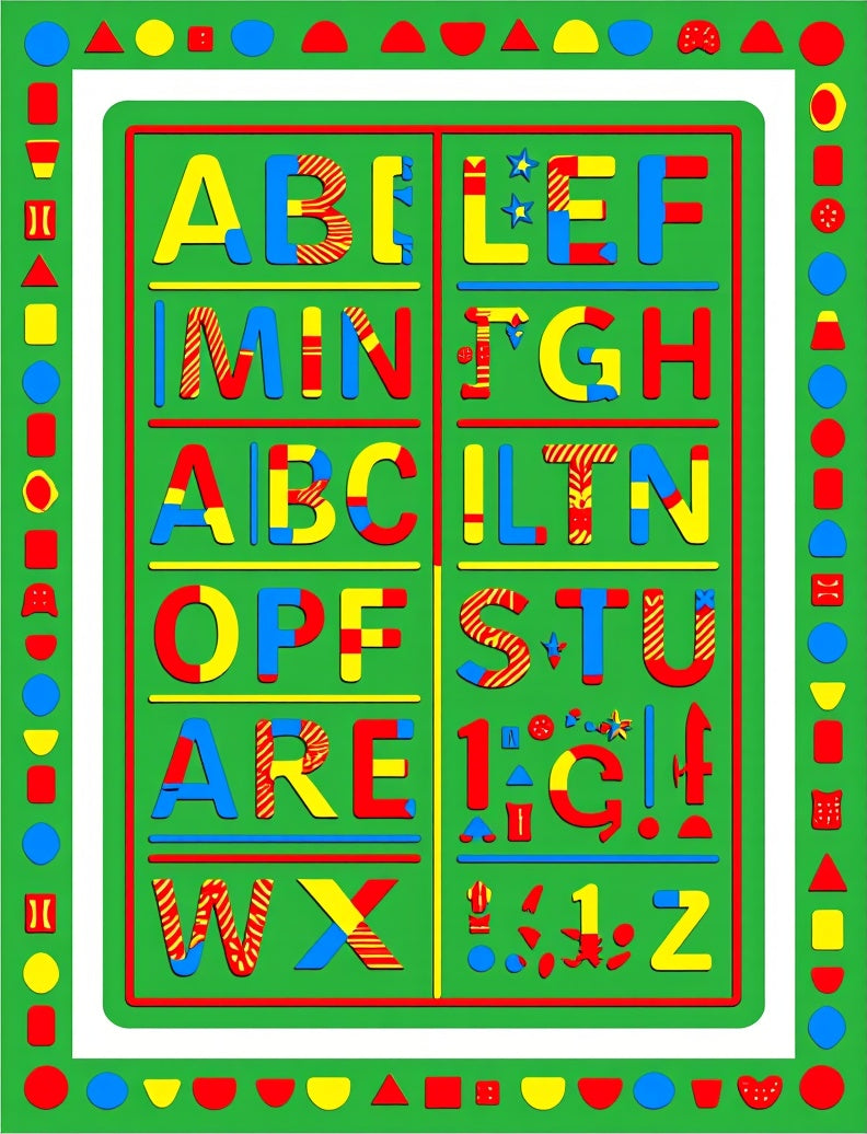 Bold Alphabets Green Border Geometric Shapes Rug