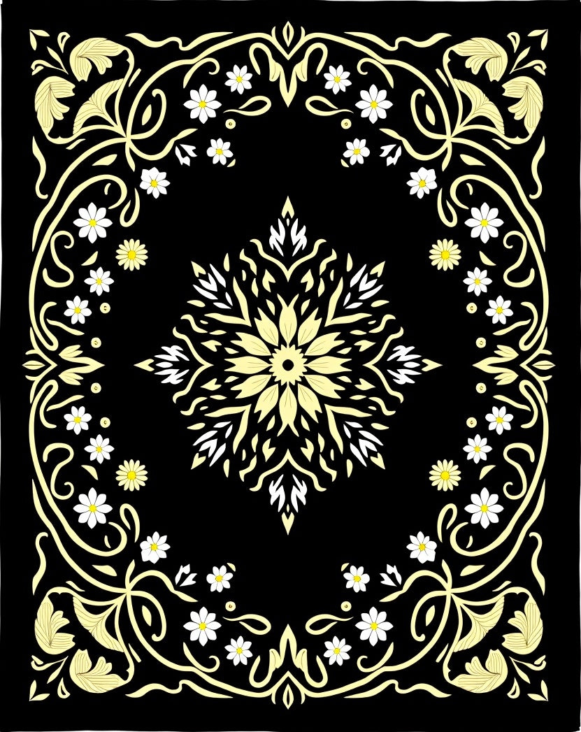 Black Yellow Floral Medallion Border Rug