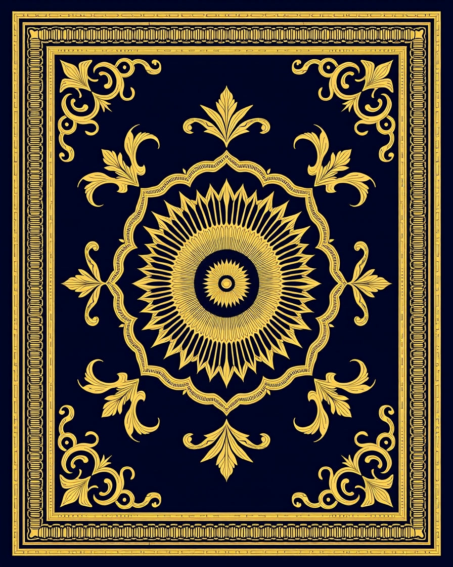 Golden Sun Medallion Navy Scroll Rug