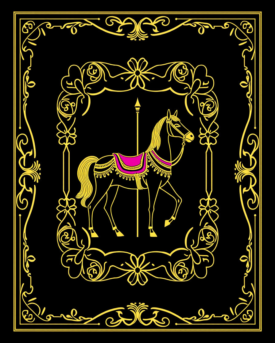 Golden Carousel Horse with Rose Garland Border Rug