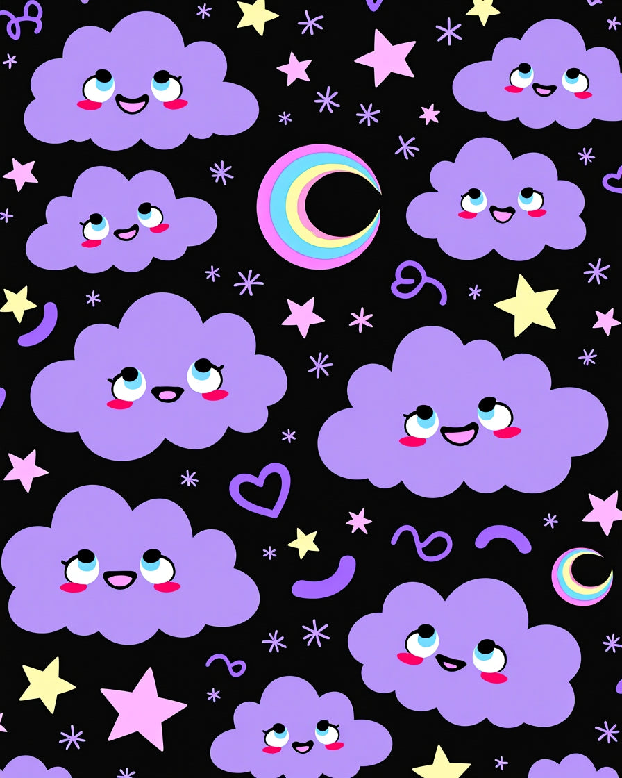Kawaii Purple Clouds Rainbow Moon Rug