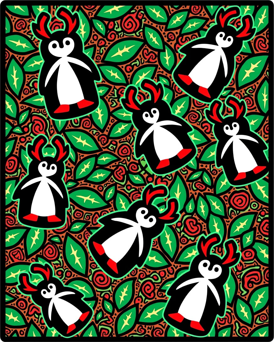 Whimsical Red Antlers Penguin Garden Rug