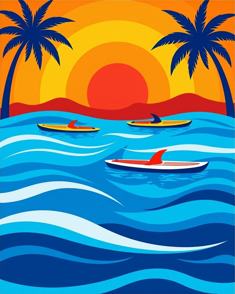 Tropical Sunset Surfboard Ocean Waves Rug
