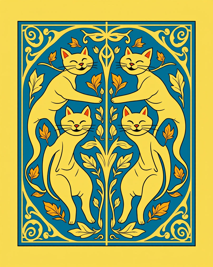 Golden Cats Blue Floral Arrangement Rug