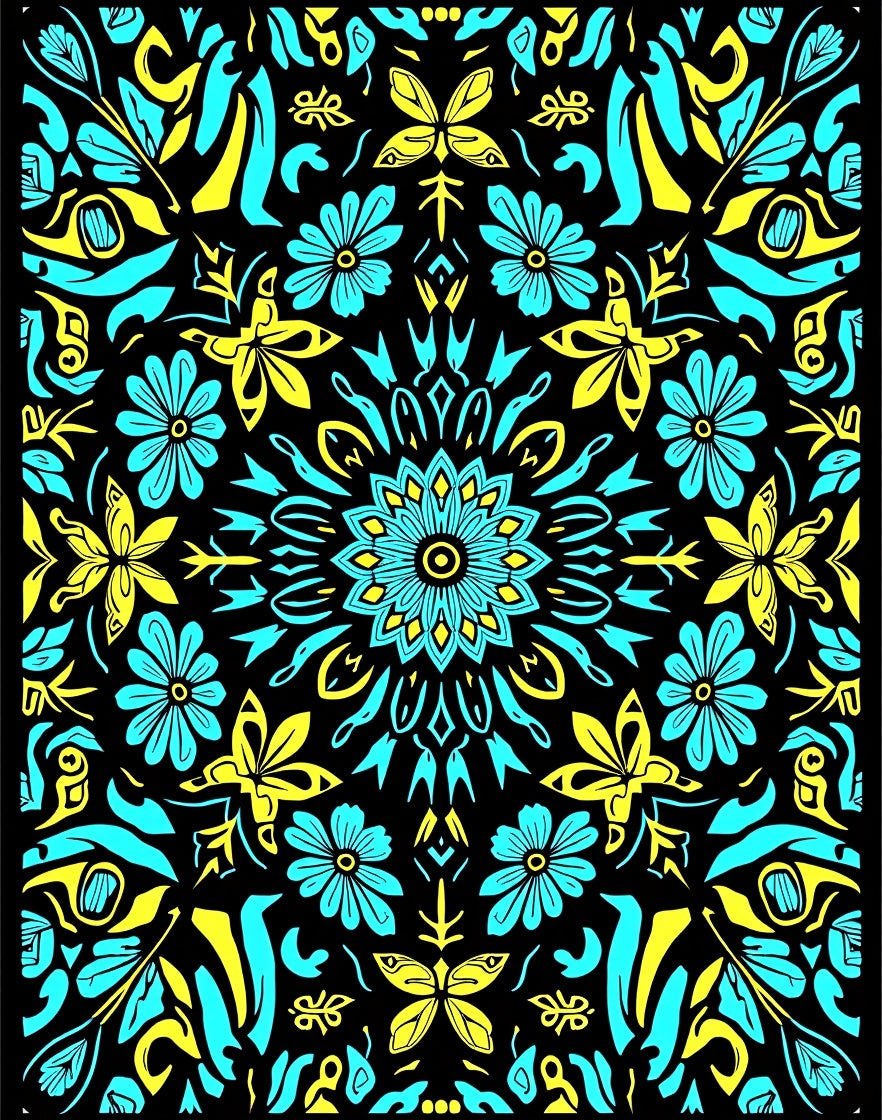 Cyan Yellow Floral Butterfly Mandala Rug