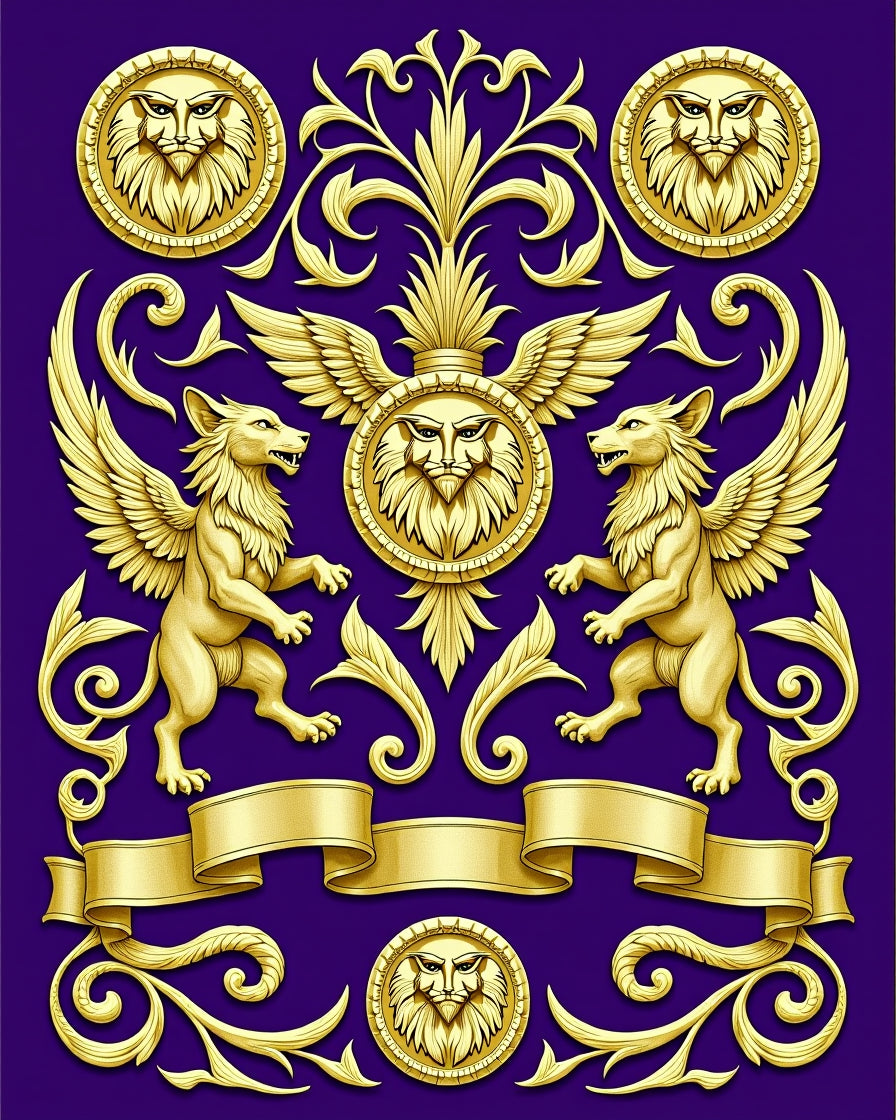 Golden Mythical Griffin Rampant Crest Rug