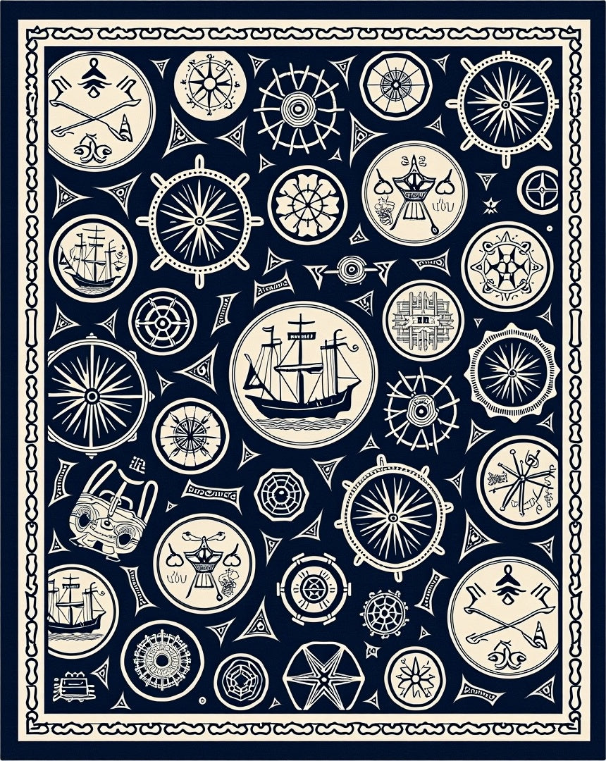 Nautical Navy White Ship Wheel Medallion Rug