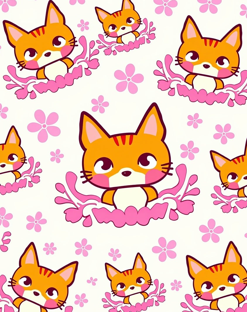 Cute Orange Kitties Pink Flowers Rug