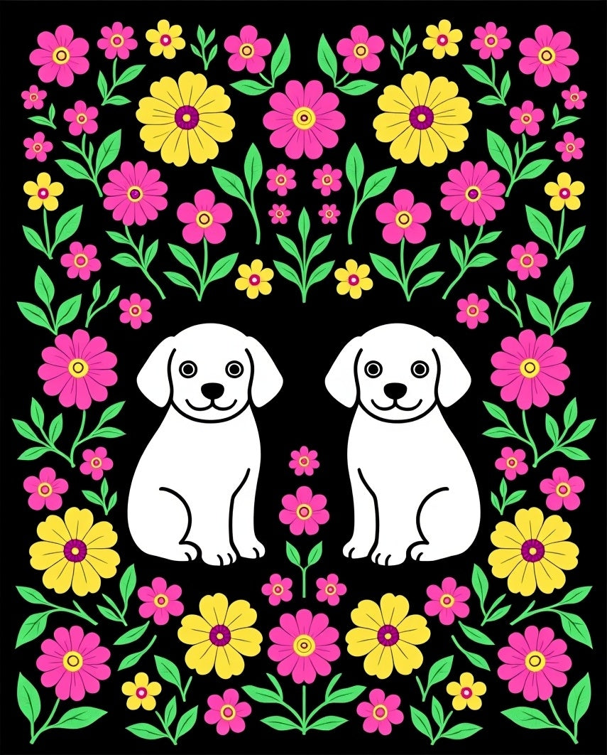 Two Cute White Puppies Floral Garden Rug