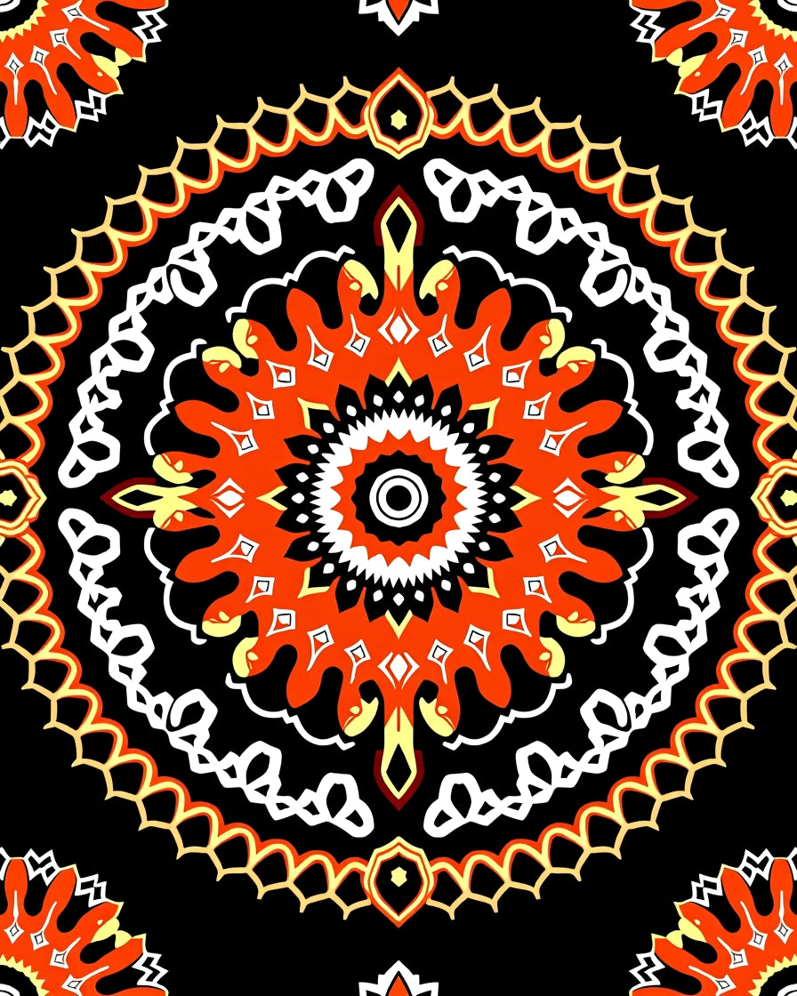 Vibrant Orange Black Mandala Medallion Rug