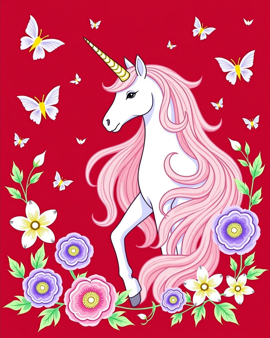 Majestic Unicorn with Pink Mane and Butterflies Rug