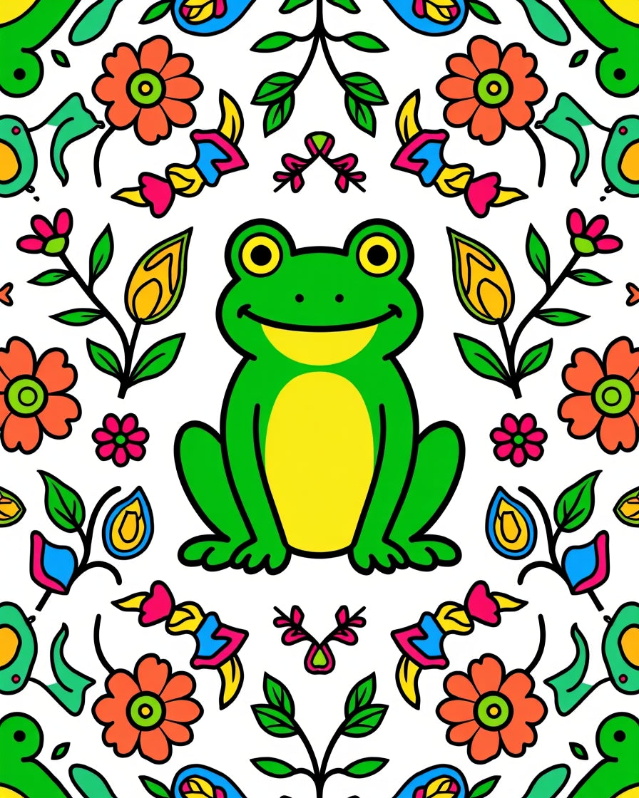 Whimsical Green Frog Floral Folk Art Rug