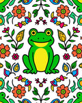 Whimsical Green Frog Floral Folk Art Rug
