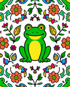 Whimsical Green Frog Floral Folk Art Rug