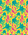 Vivid Yellow Teal Octopus Coral Rug