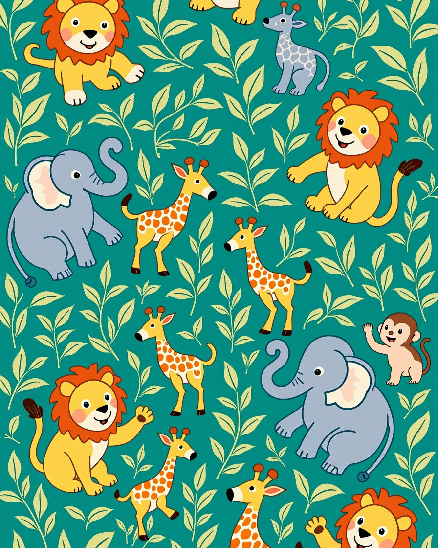 Cute Jungle Animals Green Foliage Rug