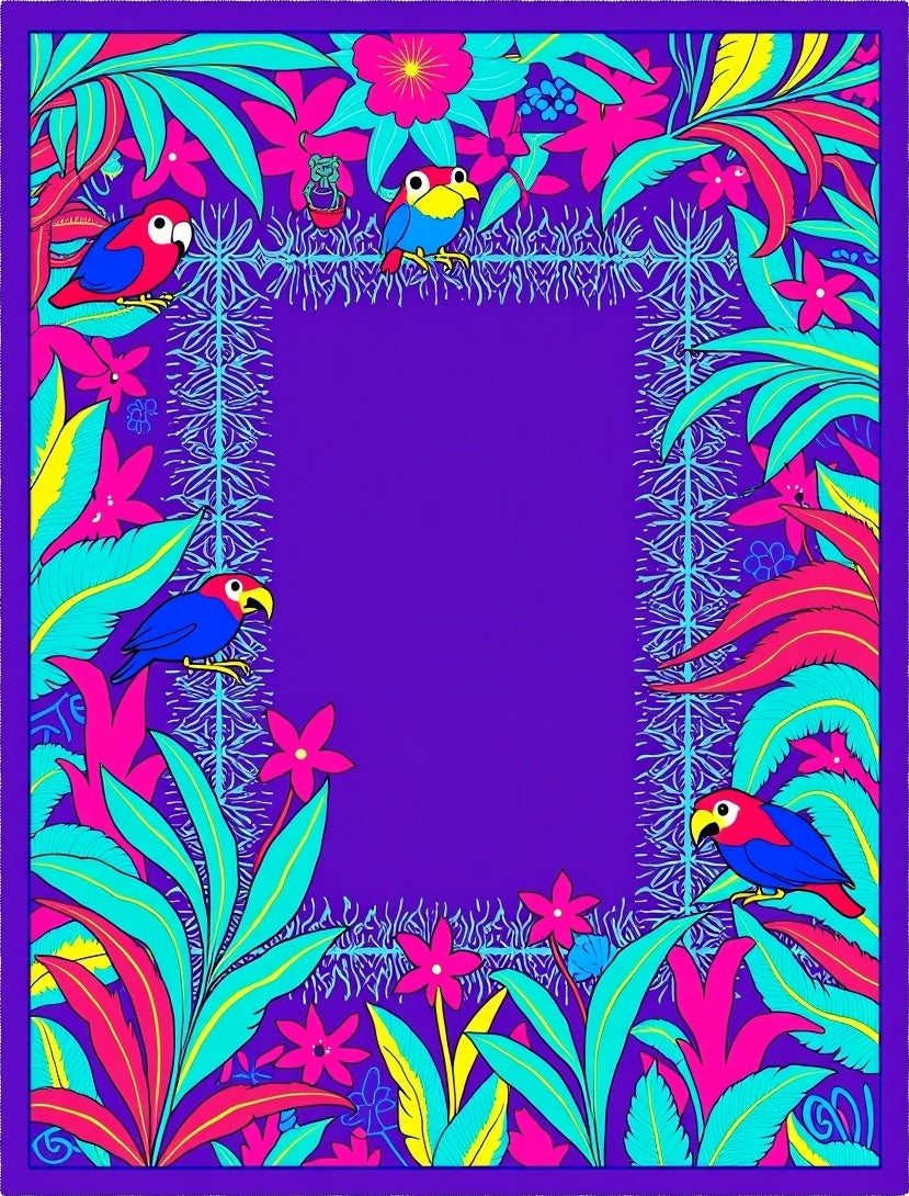 Vibrant Tropical Birds and Flowers Border Rug
