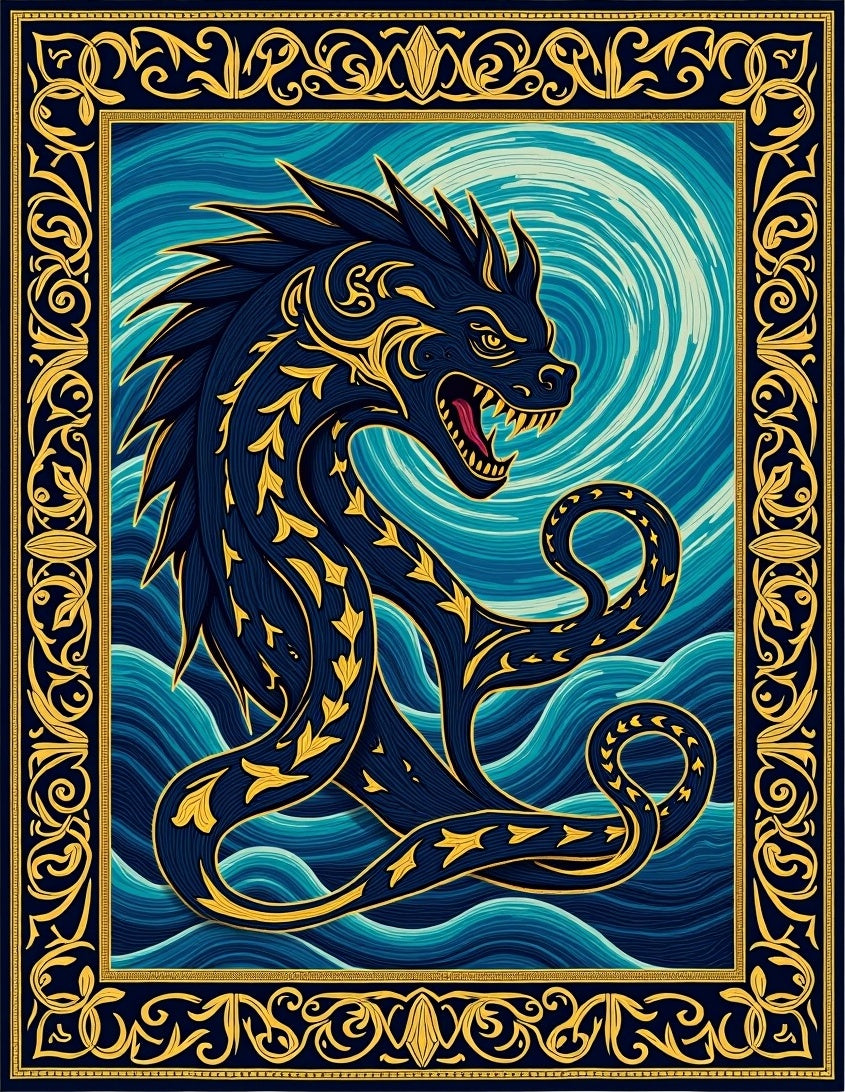 Deep Blue Golden Dragon Swirl Rug