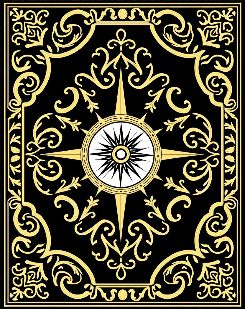 Gold Floral Compass Black Rug