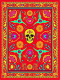 Vibrant Red Yellow Skull Floral Whimsy Rug